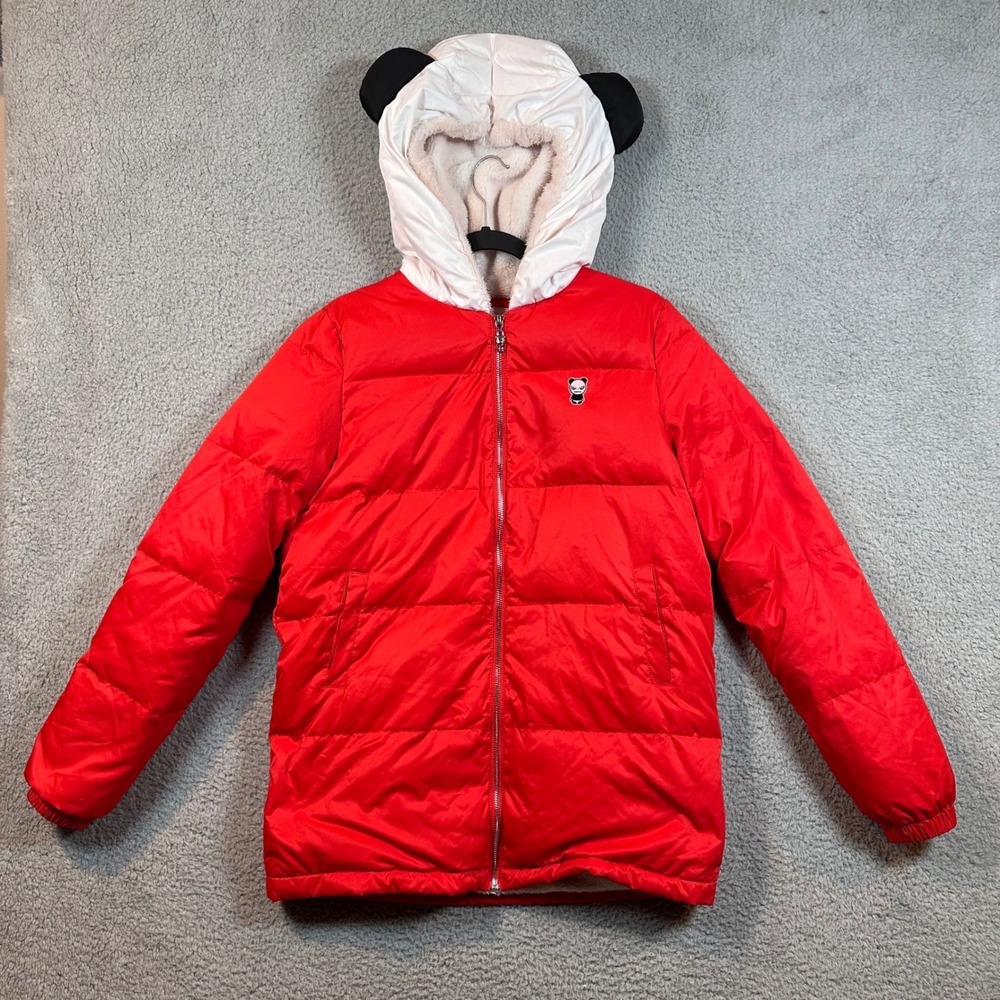HIPANDA Red Puffer‎ Jacket White Sherpa Lined Hood Panda Ears XL